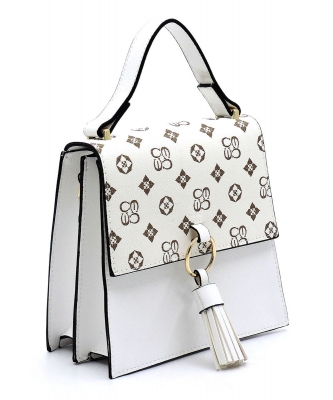 Monogram Ring Tassel Flap Crossbody Satchel CS704 IVORY